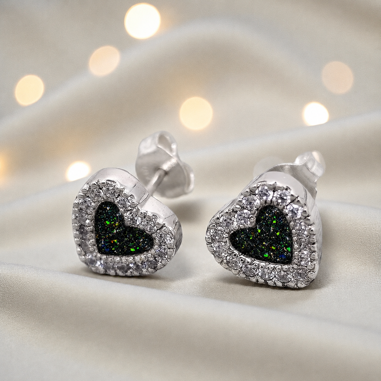 Keepsake Memorial Sterling Silver Heart Ashes Earrings Opal Dawn in Black Flame - Handcrafted in the UK
