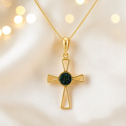 Black flame 9ct gold memorial ashes open cross pendant, handcrafted in Lancashire UK