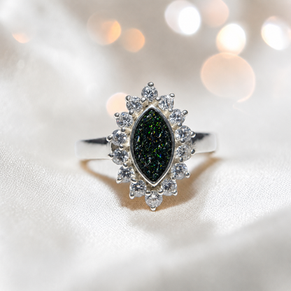 Keepsake Memorial Silver Princess Ashes Ring in Black Flame - Handcrafted in the UK