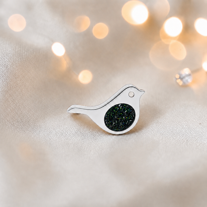 Keepsake memorial silver Robin  ashes charm, in black flame, handcrafted in Lancashire, UK