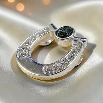 Sparkle horseshoe ashes pendant in black flame,  handcrafted in Lancashire UK - by Keepsake Memorial Jewellery