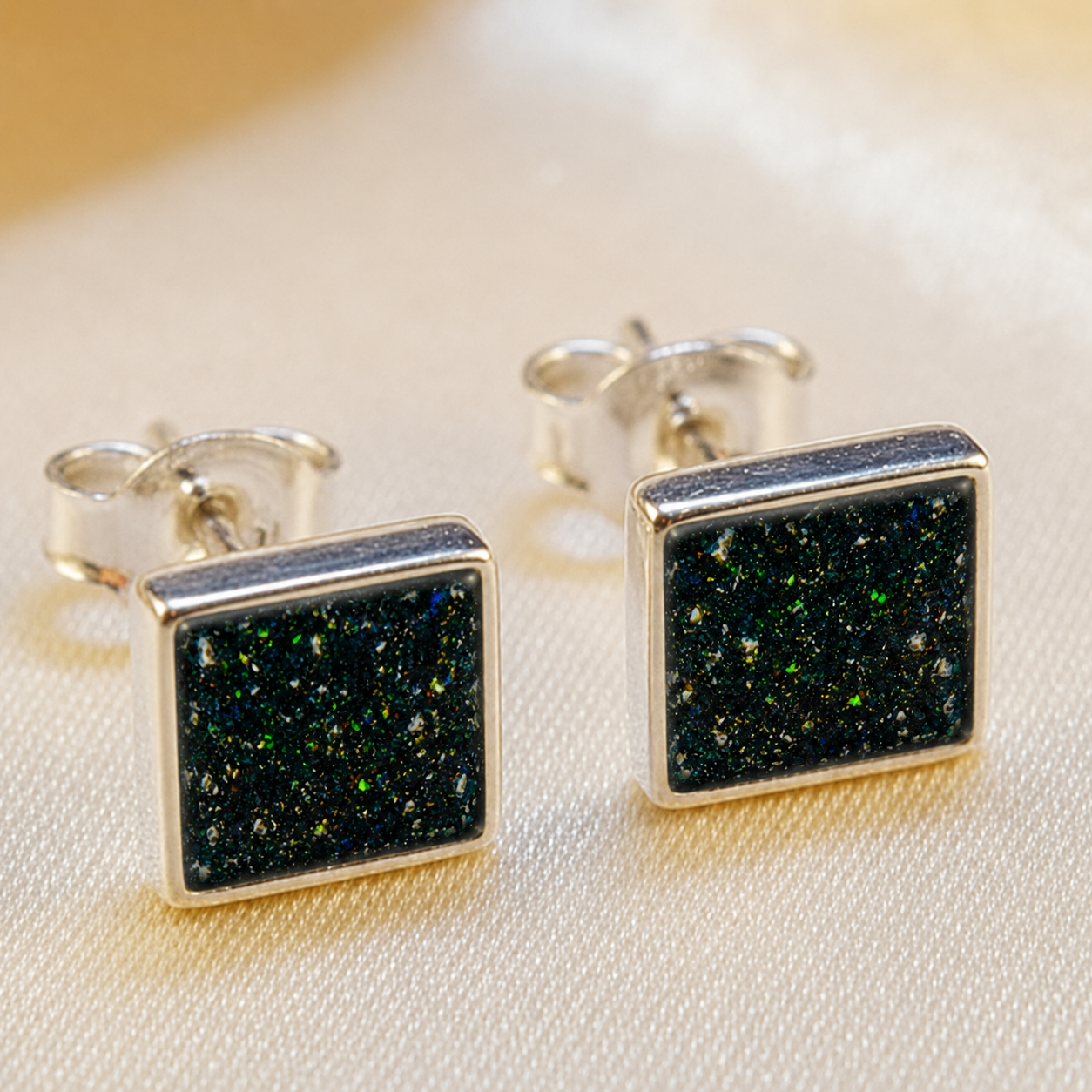 Keepsake Memorial Sterling Silver Square Stud Ashes Earrings Celeste Shine in Black Flame - Handcrafted in the UK