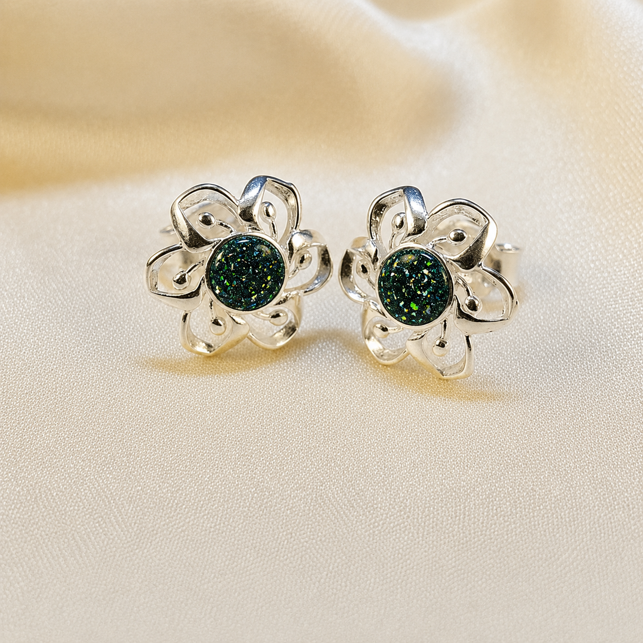Keepsake Memorial Sterling Silver Ladies Ashes Earrings - Velour Flowers