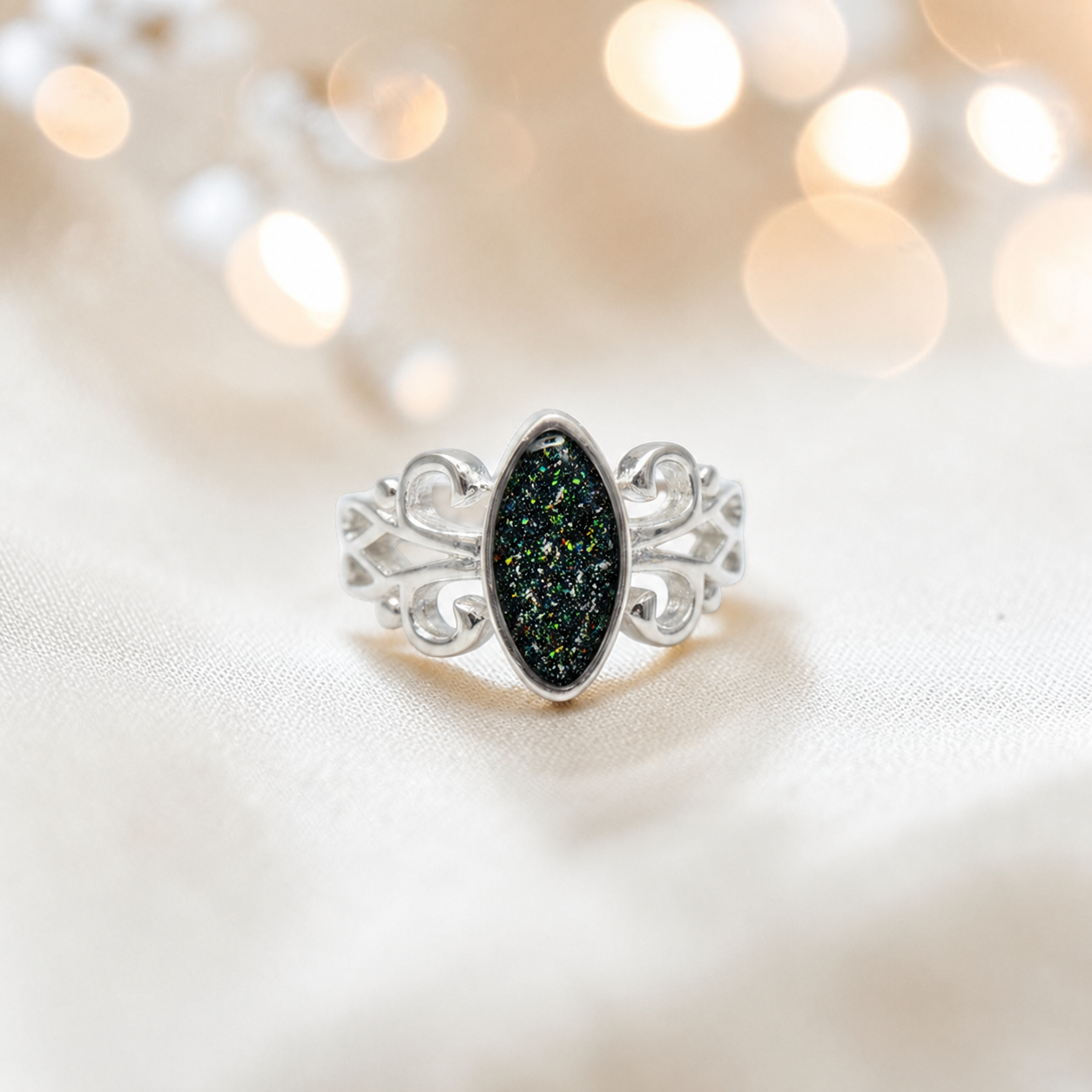 Keepsake Memorial Silver Willow Ashes Ring in Black Flame - Handcrafted in the UK