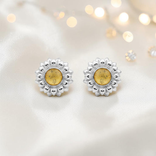 Flora Earrings — silver sunflower ashes memorial stud earrings, handcrafted in Lancashire, UK