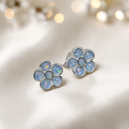 Florals memorial stud earrings in baby Blue opal — sterling silver, handcrafted in Lancashire, UK