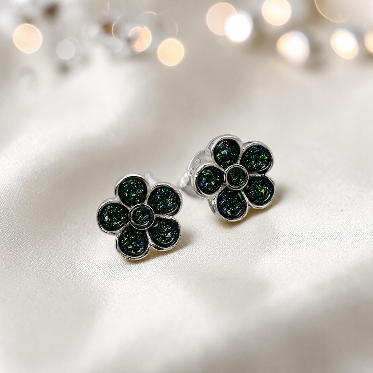 Florals memorial stud earrings in Black Flame opal — sterling silver, handcrafted in Lancashire, UK