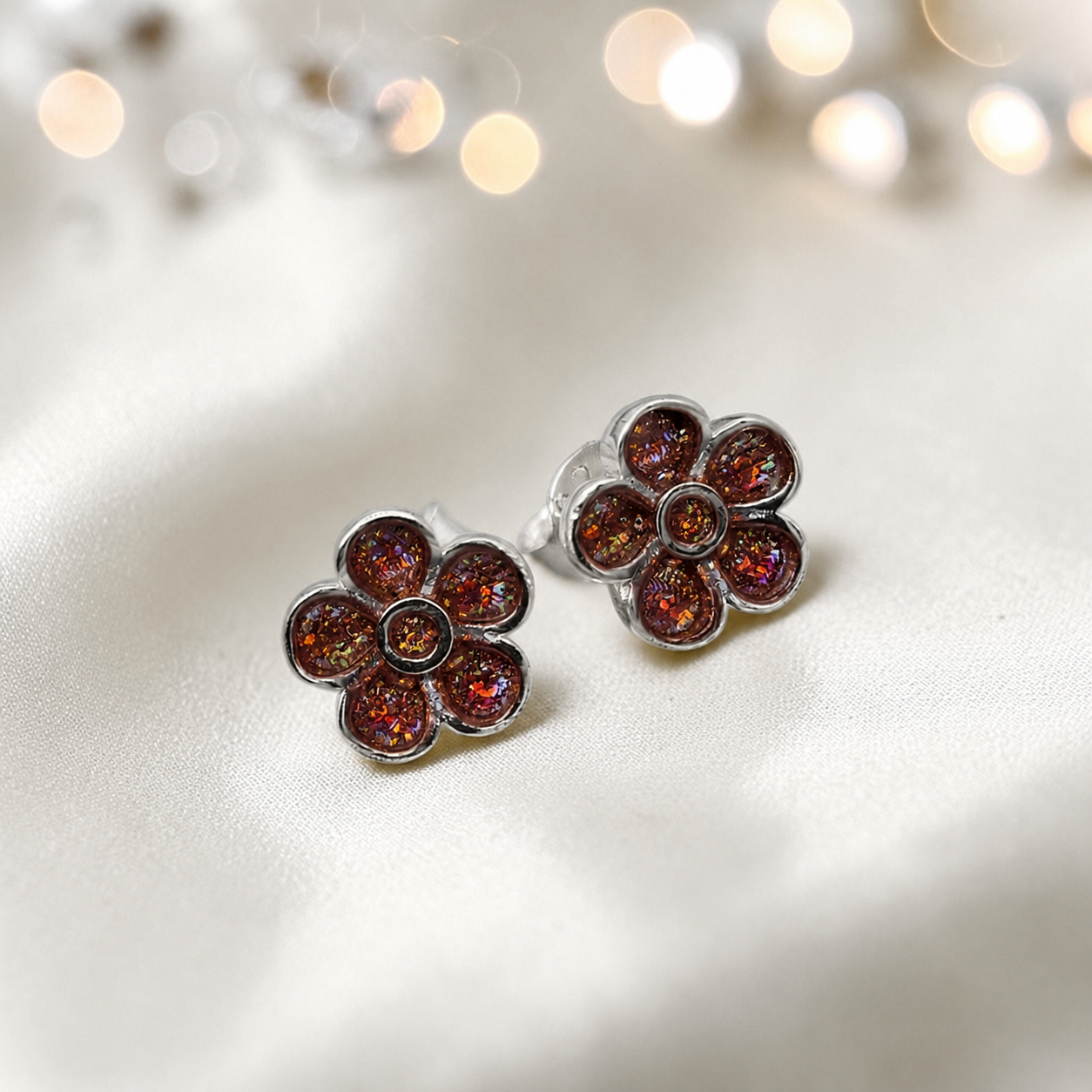 Florals memorial stud earrings in Copper Mocha opal — sterling silver, handcrafted in Lancashire, UK