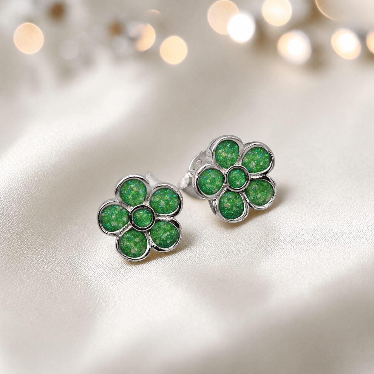 Florals memorial stud earrings in Fruit Green opal — sterling silver, handcrafted in Lancashire, UK