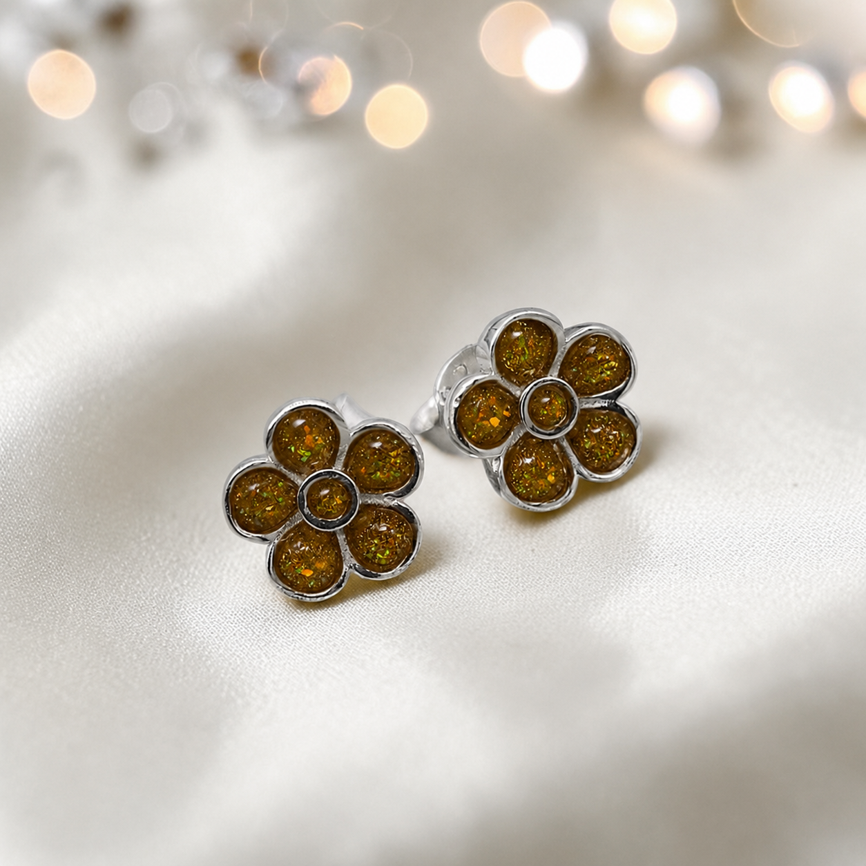 Florals memorial stud earrings in Gold Olive opal — sterling silver, handcrafted in Lancashire, UK