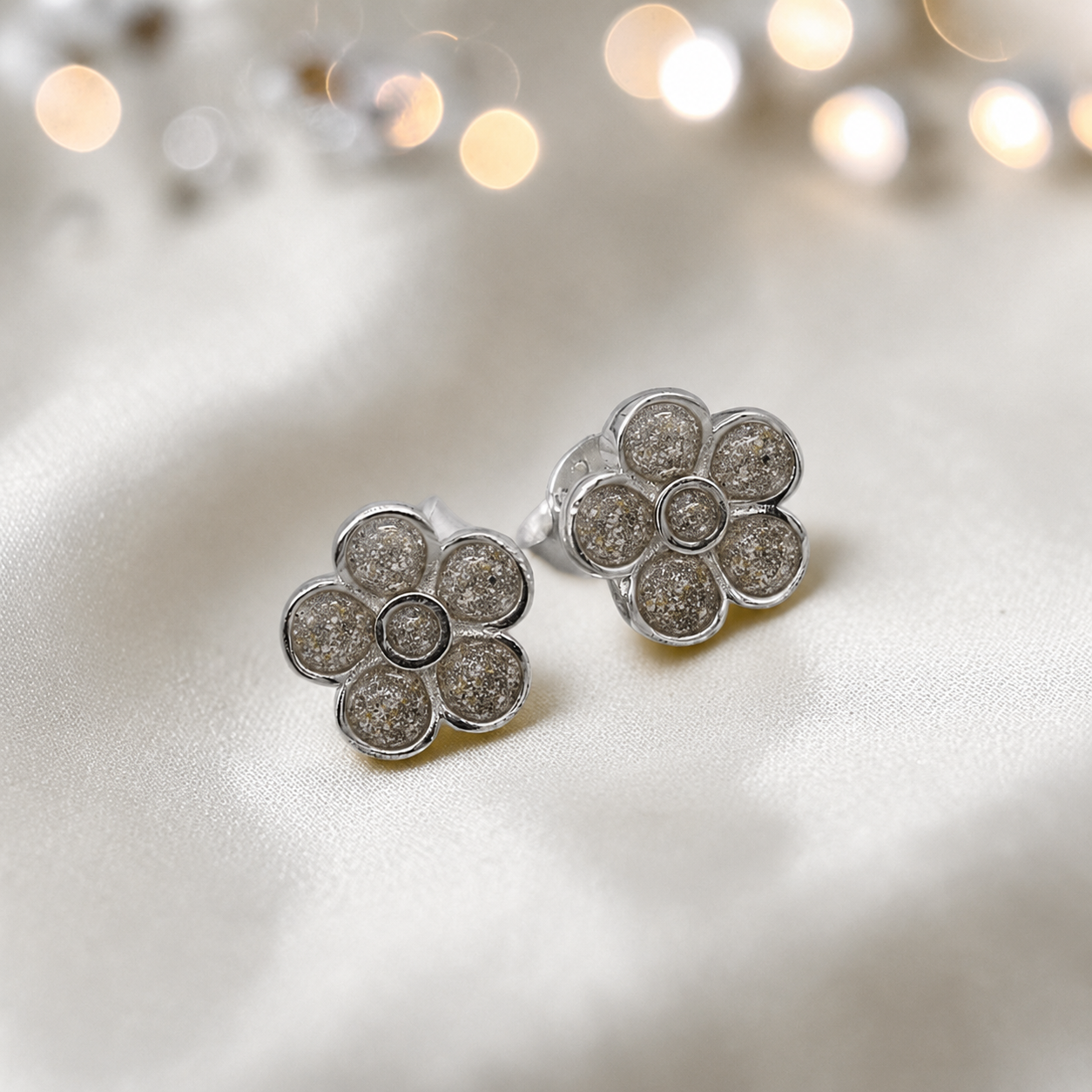 Florals memorial stud earrings in Natural Ash opal — sterling silver, handcrafted in Lancashire, UK