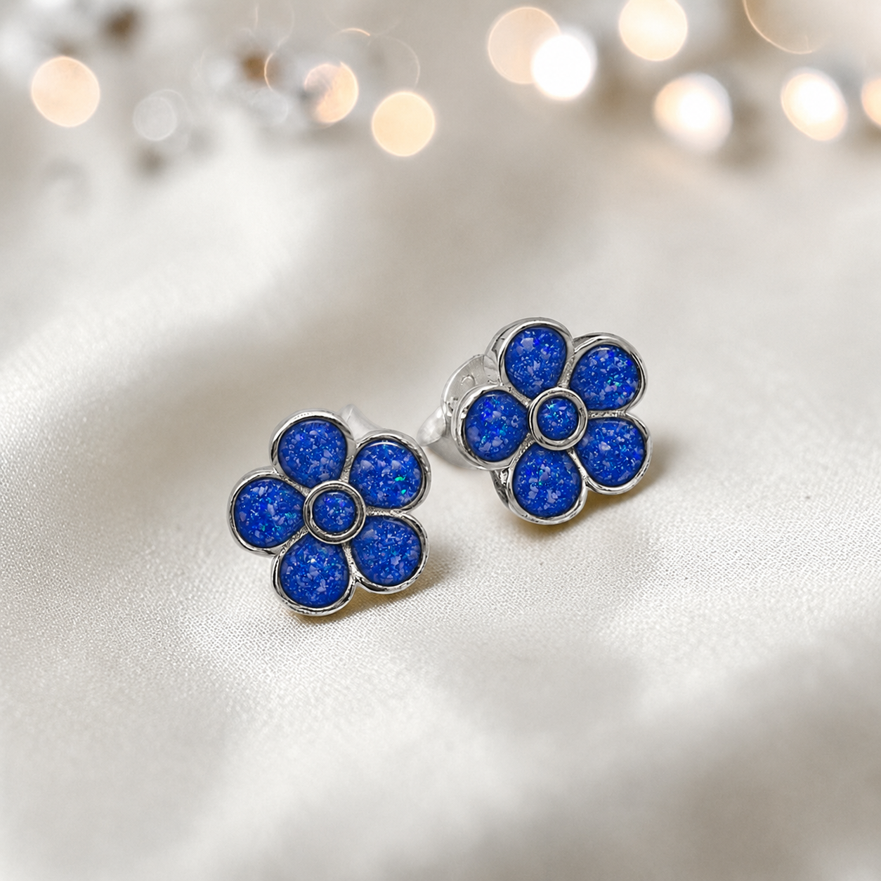 Florals memorial stud earrings in Royal Blue opal — sterling silver, handcrafted in Lancashire, UK