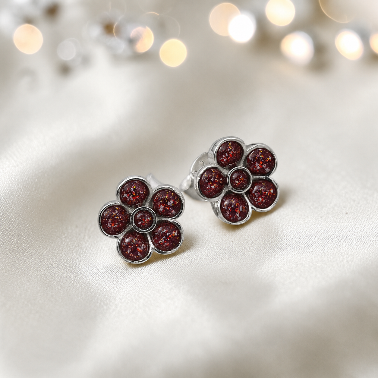 Florals memorial stud earrings in Ruby Red opal — sterling silver, handcrafted in Lancashire, UK