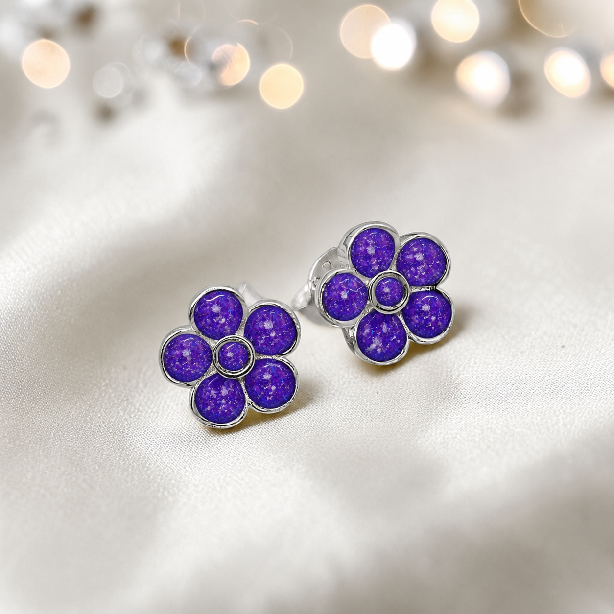 Florals memorial stud earrings in Sleepy Lavender opal — sterling silver, handcrafted in Lancashire, UK