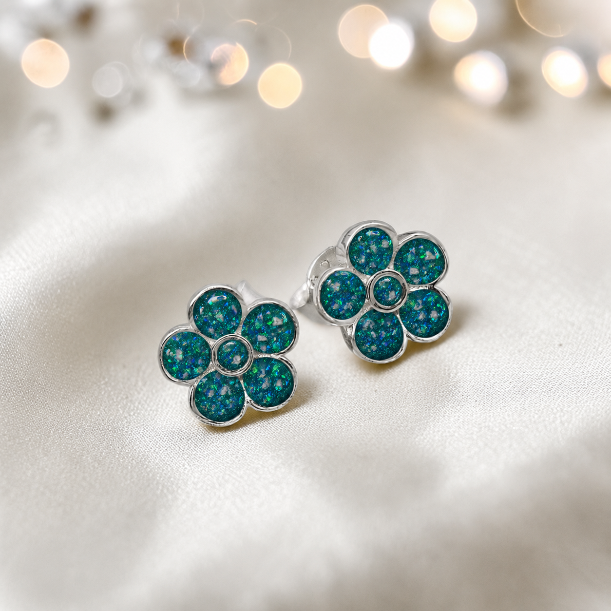 Florals memorial stud earrings in Teal Mist opal — sterling silver, handcrafted in Lancashire, UK