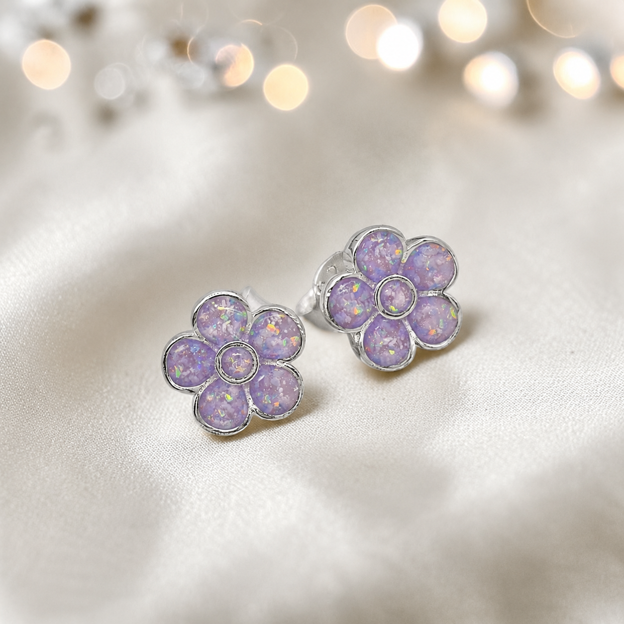 Florals memorial stud earrings in Unicorn Purple opal — sterling silver, handcrafted in Lancashire, UK