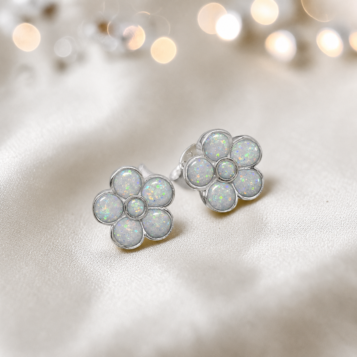 Florals memorial stud earrings in White Snow opal — sterling silver, handcrafted in Lancashire, UK