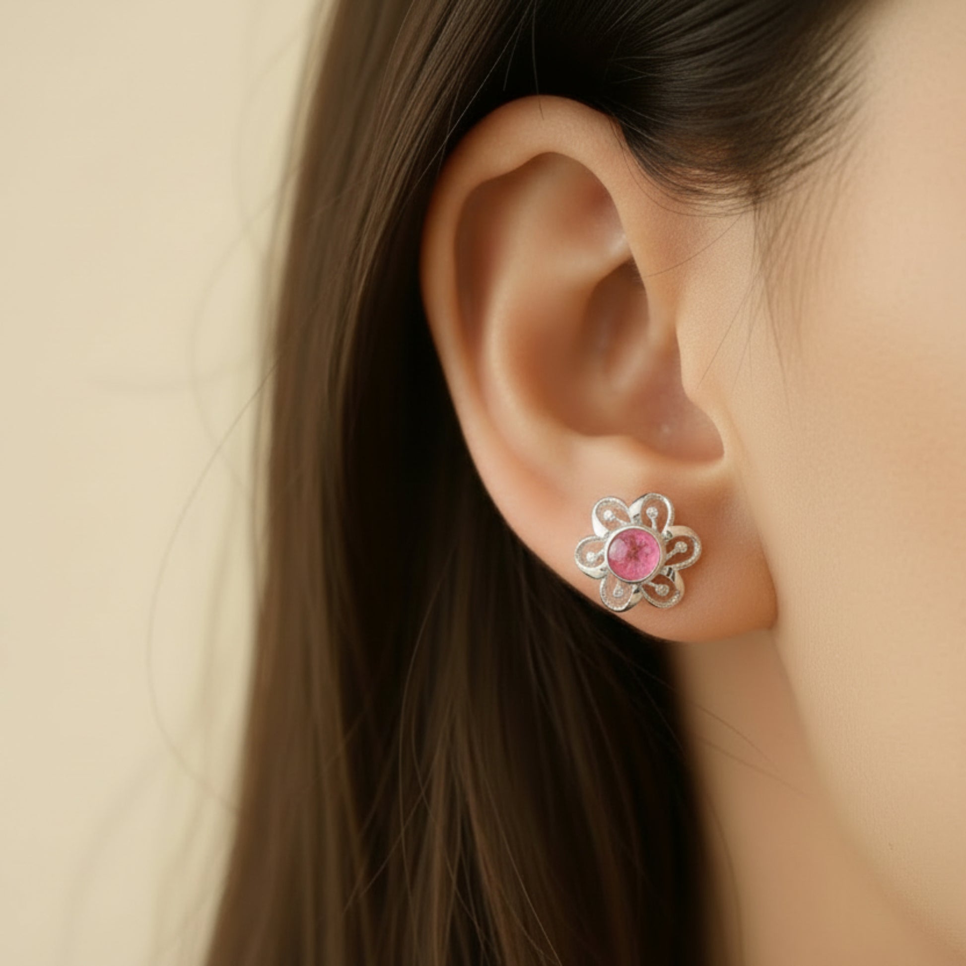 Velour Flower Earrings — silver flower ashes memorial stud earrings, handcrafted in Lancashire, UK