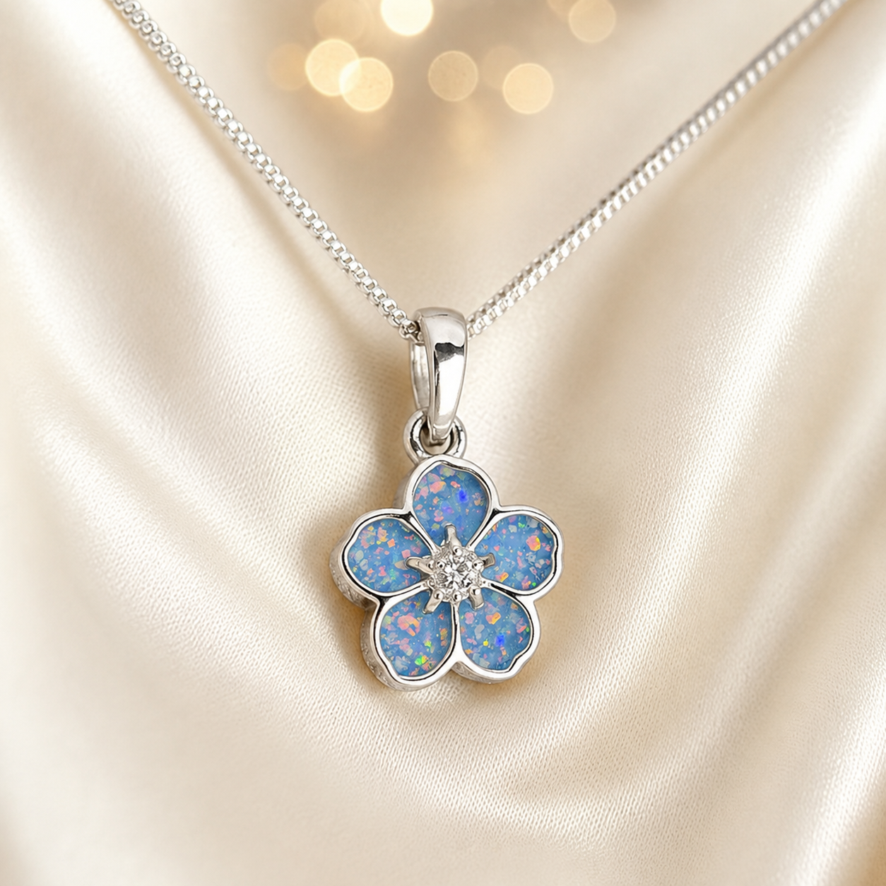925 Sterling Silver Forget Me Not Memorial Pendant in baby blue - Keepsake Memorial Jewellery