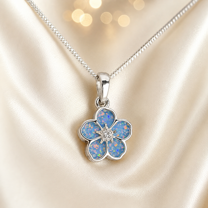 925 Sterling Silver Forget Me Not Memorial Pendant in baby blue - Keepsake Memorial Jewellery
