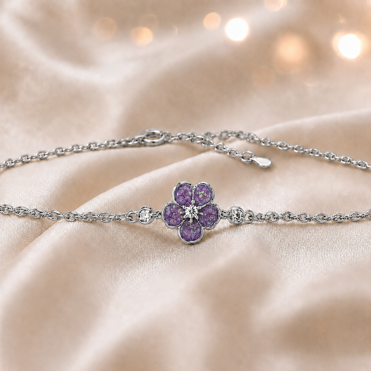 Sterling Silver Forget Me Not Memorial Bracelet in unicorn purple, Ashes Keepsake Jewellery UK