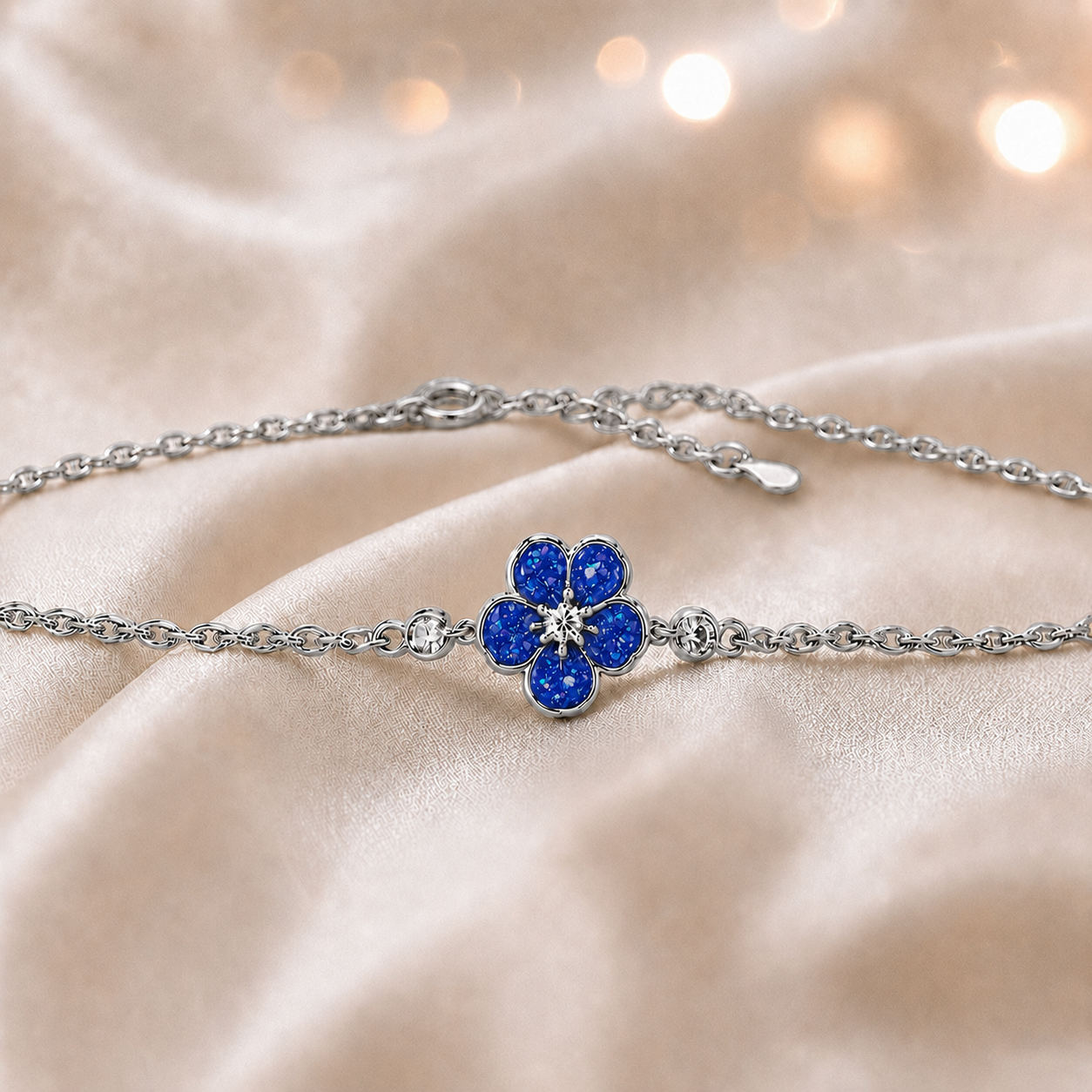 Sterling Silver Forget Me Not Memorial Bracelet in royal blue, Ashes Keepsake Jewellery UK