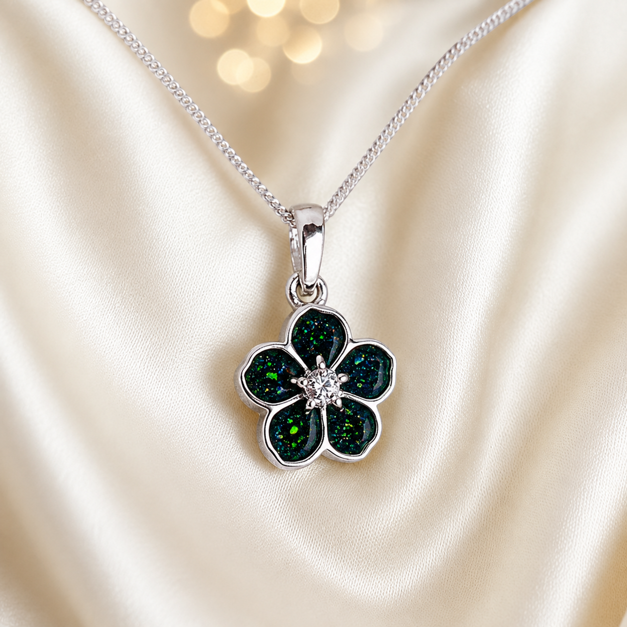 925 Sterling Silver Forget Me Not Memorial Pendant in black flame - Keepsake Memorial Jewellery