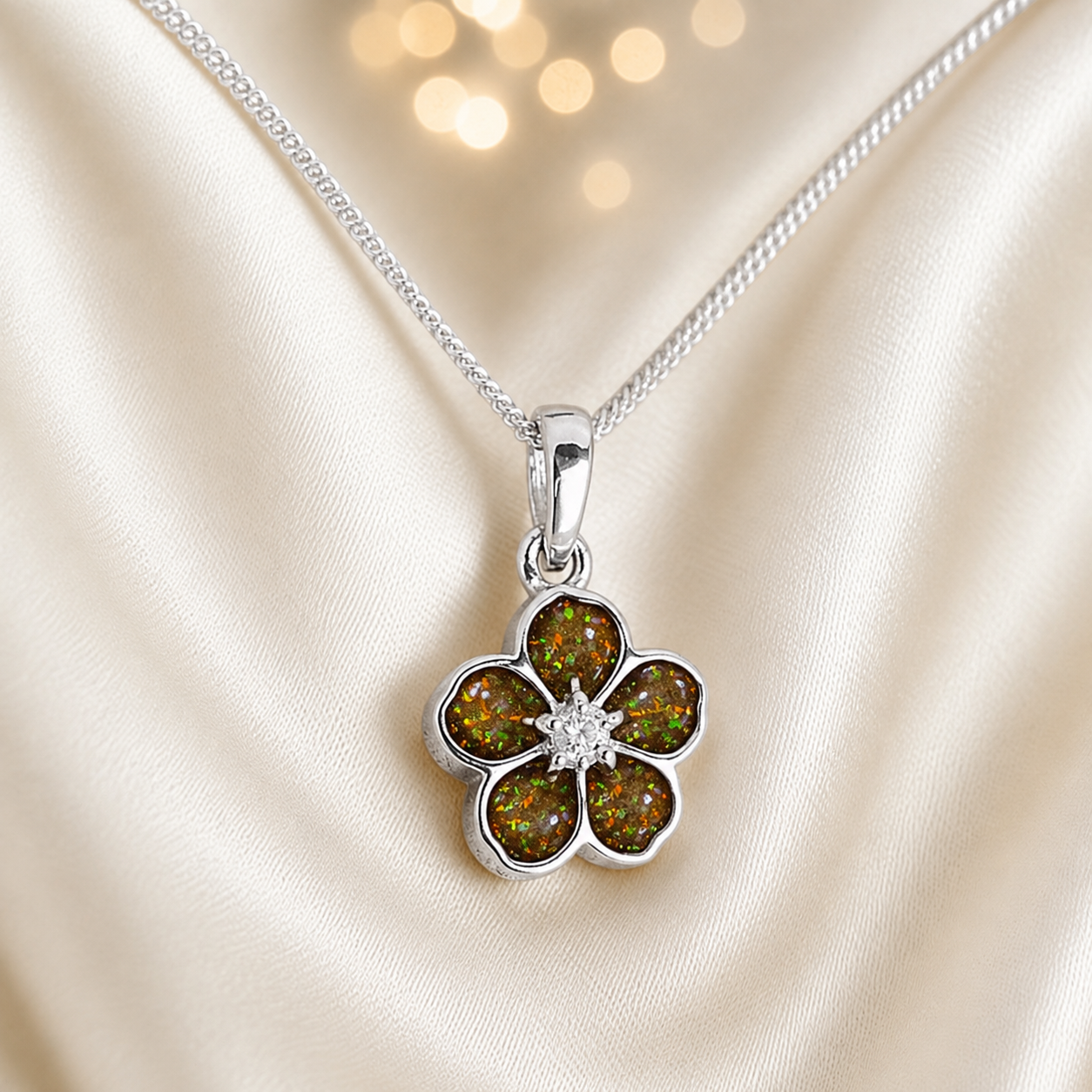 925 Sterling Silver Forget Me Not Memorial Pendant in gold olive - Keepsake Memorial Jewellery