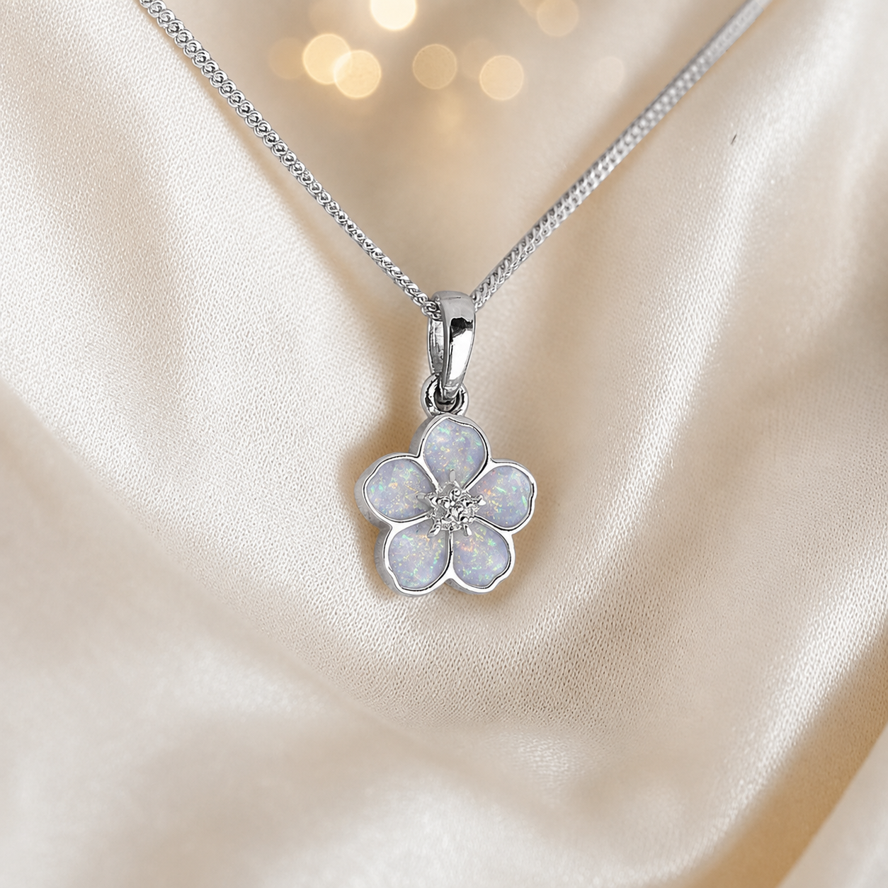 925 Sterling Silver Forget Me Not Memorial Pendant in White snow - Keepsake Memorial Jewellery