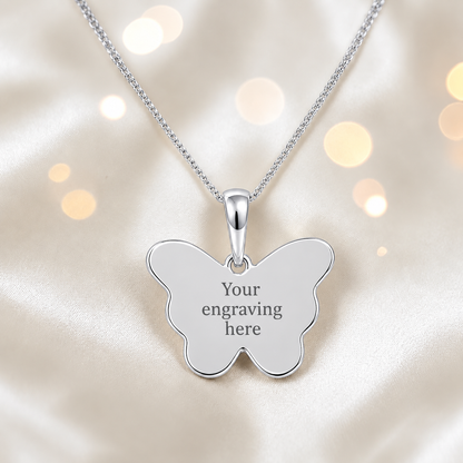 Keepsake Memorial Jewellery, engraving on rear of Foma butterfly pendant, handcrafted in Lancashire