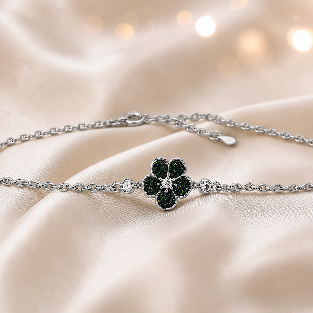 Sterling Silver Forget Me Not Memorial Bracelet in black flame, Ashes Keepsake Jewellery UK