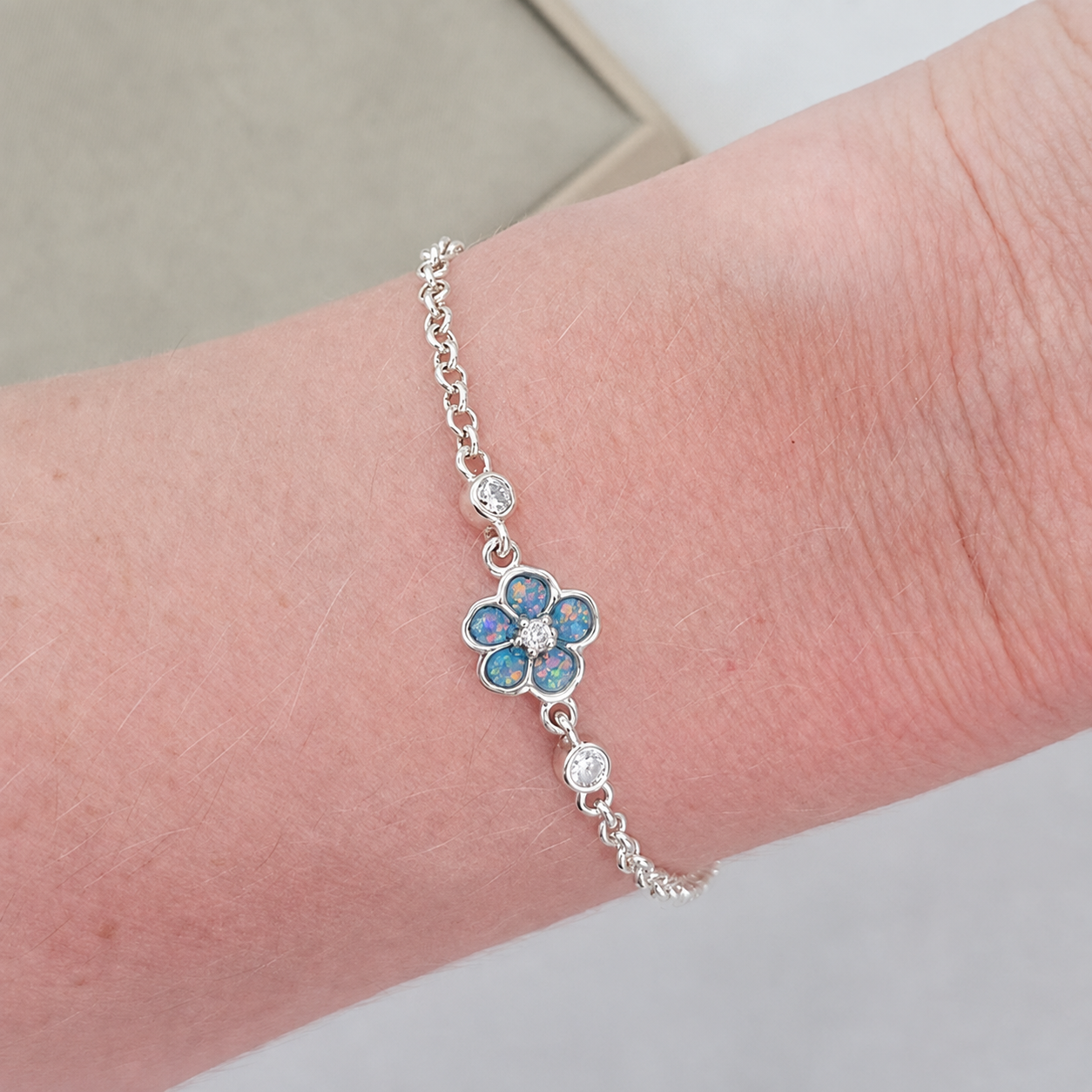 Sterling Silver Forget Me Not Memorial Bracelet in baby blue- Ashes Keepsake Jewellery UK