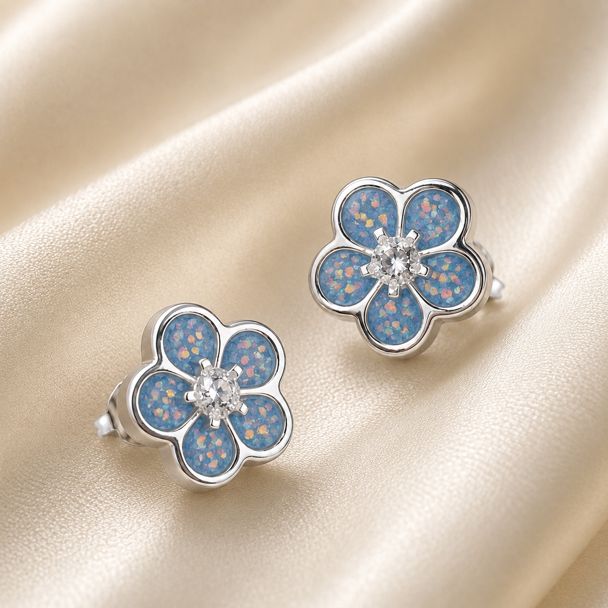 925 Sterling Silver Forget Me Not Memorial Stud Earrings in baby blue  - Keepsake Memorial Jewellery
