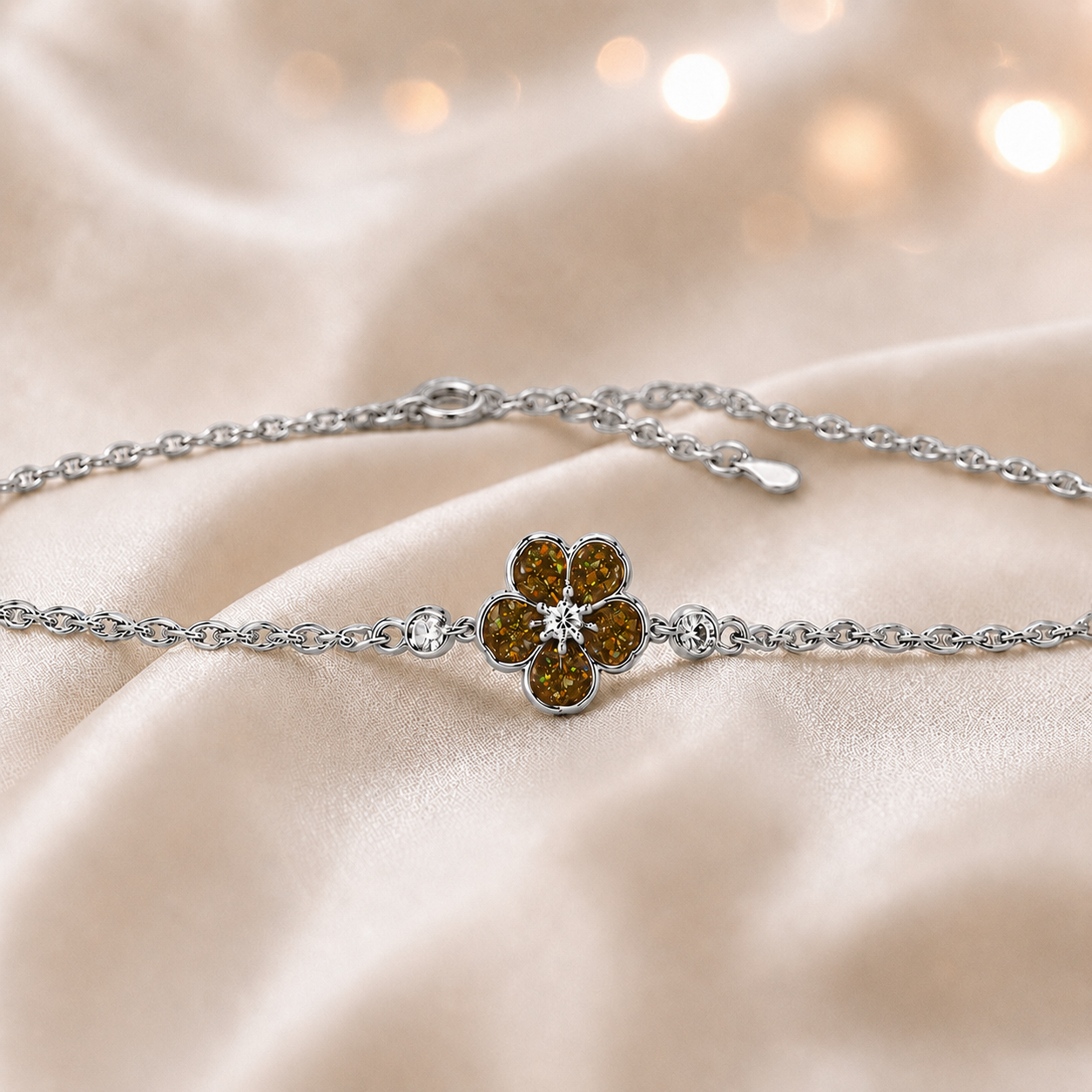 Sterling Silver Forget Me Not Memorial Bracelet in gold olive, Ashes Keepsake Jewellery UK