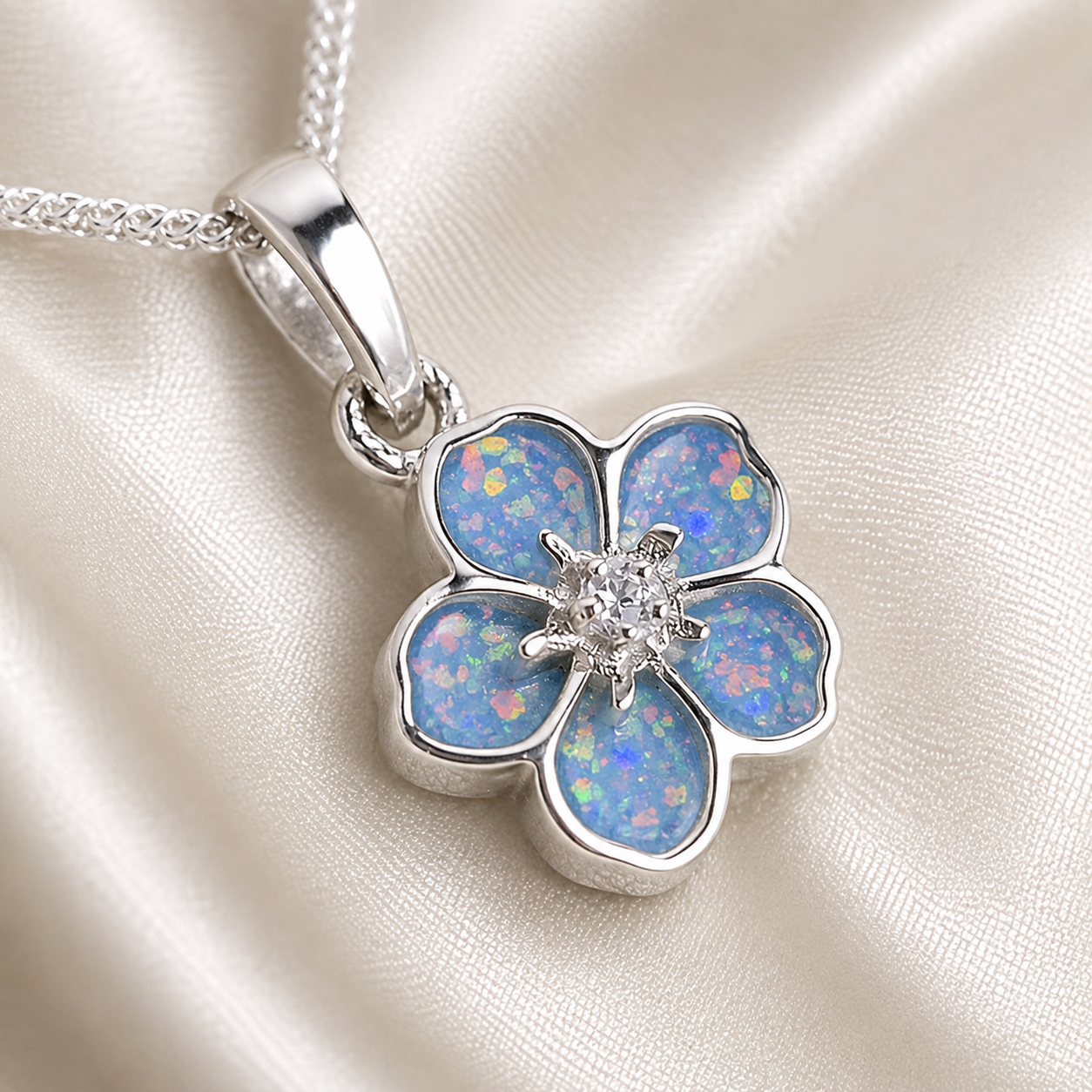925 Sterling Silver Forget Me Not Memorial Pendant in baby blue - Keepsake Memorial Jewellery