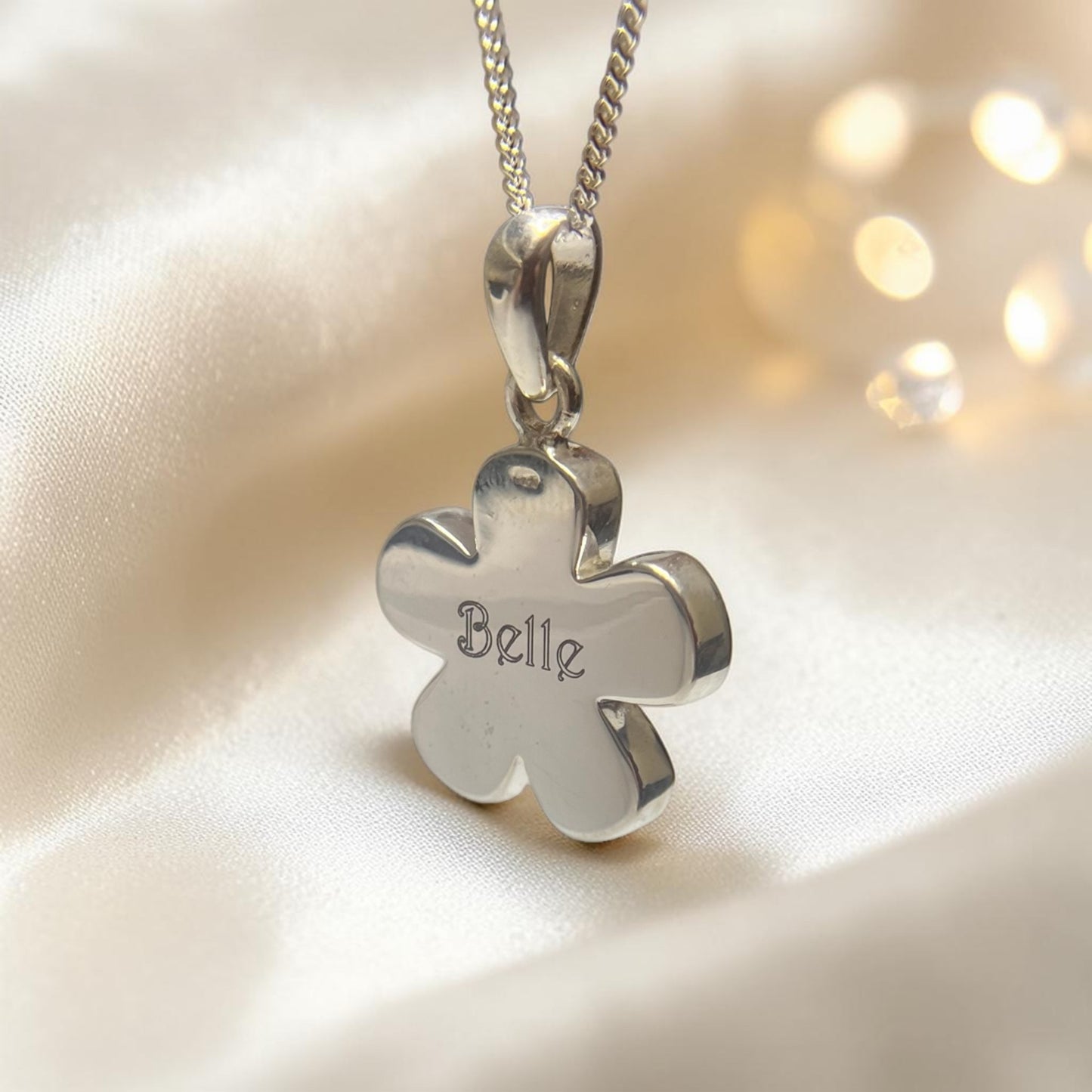 silver forget me not pendant rear view with engraving 