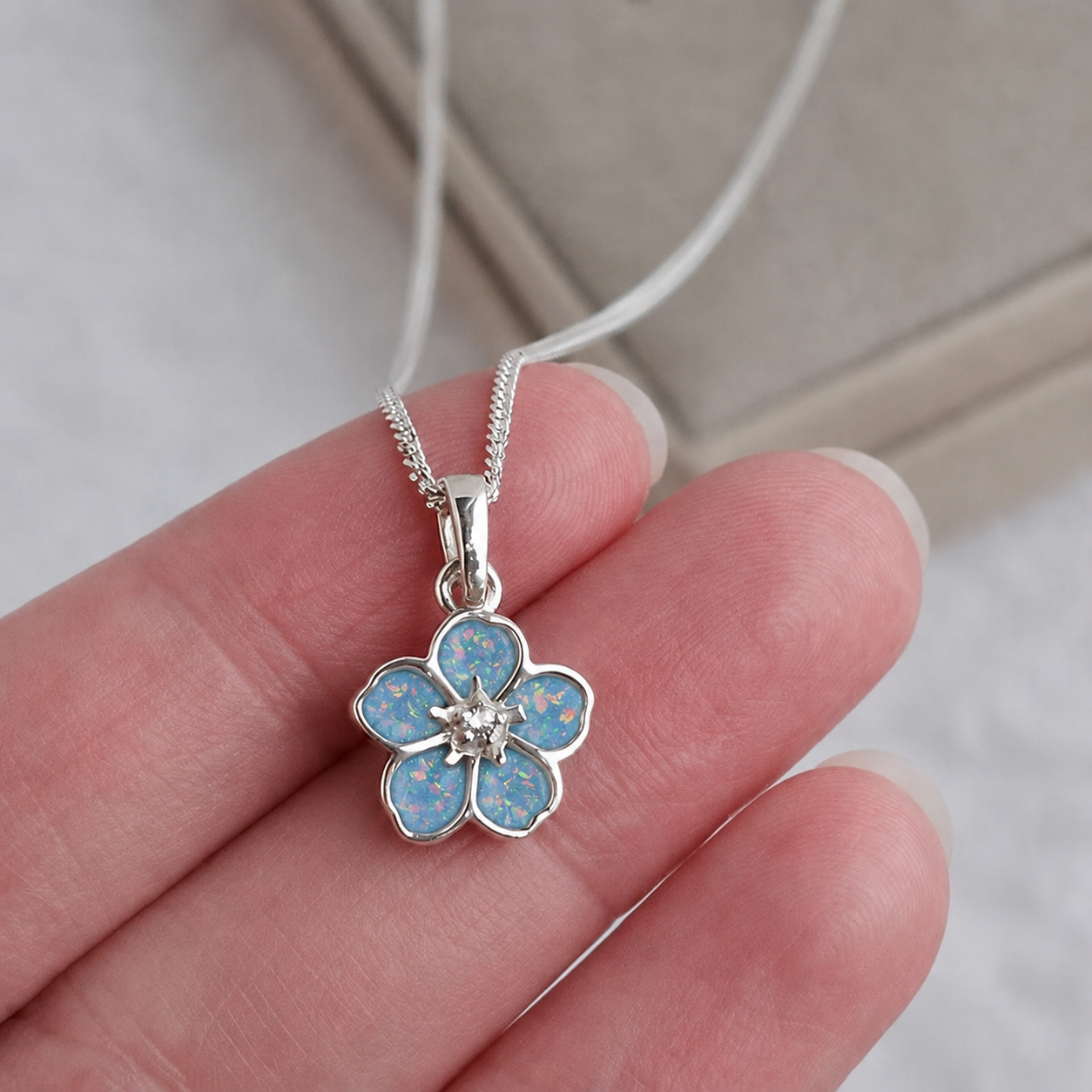 925 Sterling Silver Forget Me Not Memorial Pendant in baby blue - Keepsake Memorial Jewellery