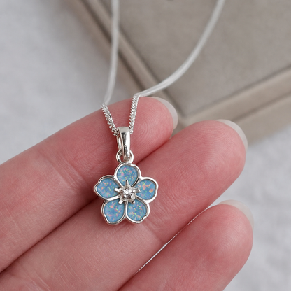 925 Sterling Silver Forget Me Not Memorial Pendant in baby blue - Keepsake Memorial Jewellery