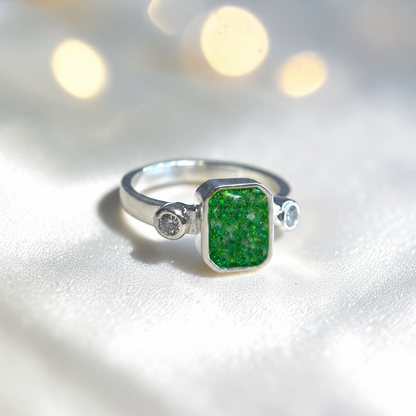 Keepsake Memorial Silver Anastasia Emerald Cut Ashes Ring in Fruit Green  — handcrafted in Lancashire, UK
