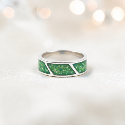 Fruit green Axis men's sterling silver three setting ring, handcrafted in Lancashire UK by Keepsake Memorial Jewellery