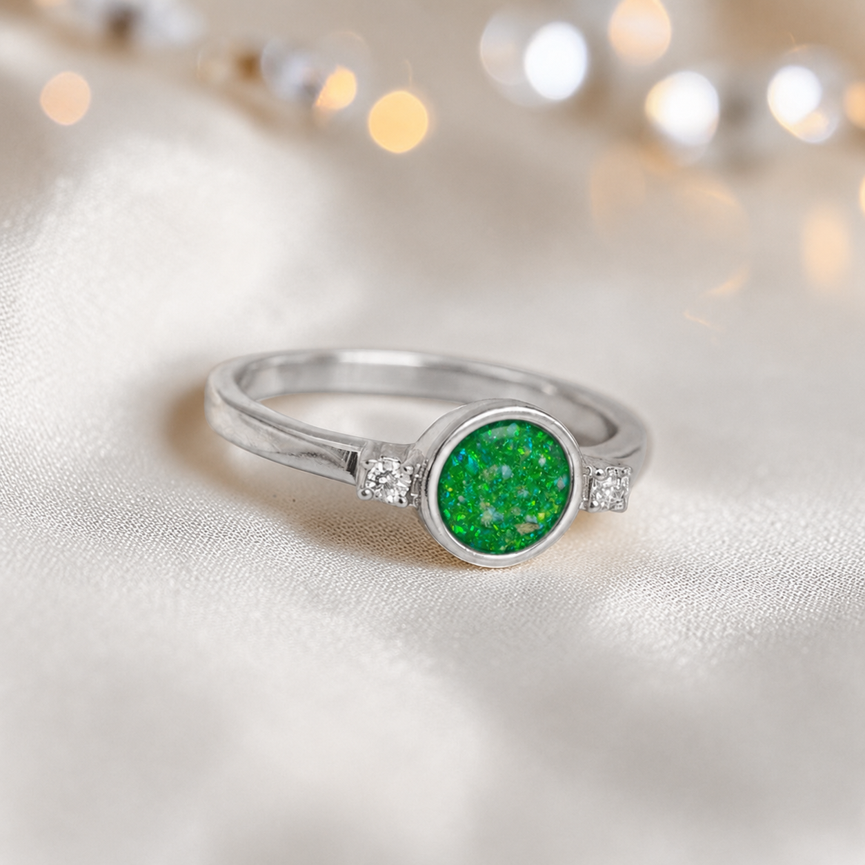 Keepsake Memorial Silver Azrael Ashes Ring in Fruit Green  - Handcrafted in the UK