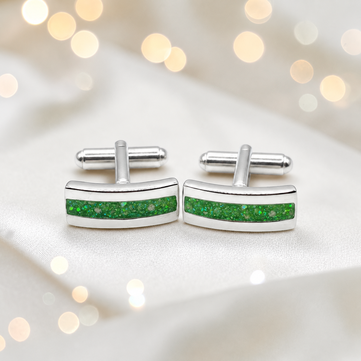 Fruit green silver Ember memorial ashes cufflinks, handcrafted in Lancashire UK