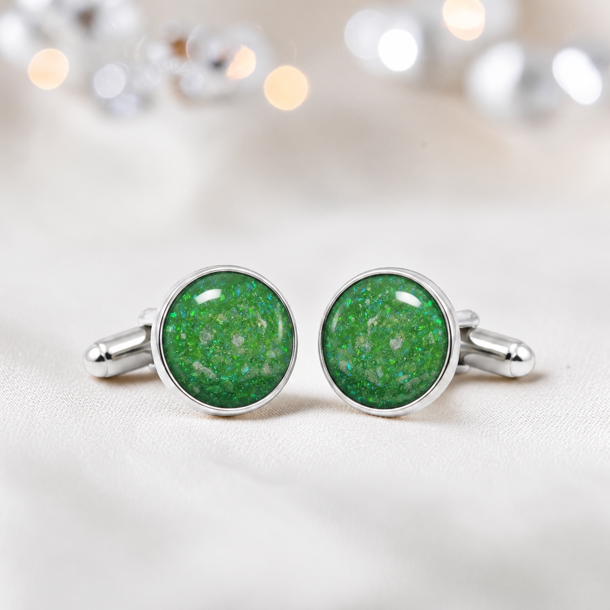 Fruit green silver Eterna memorial ashes cufflinks, handcrafted in Lancashire UK