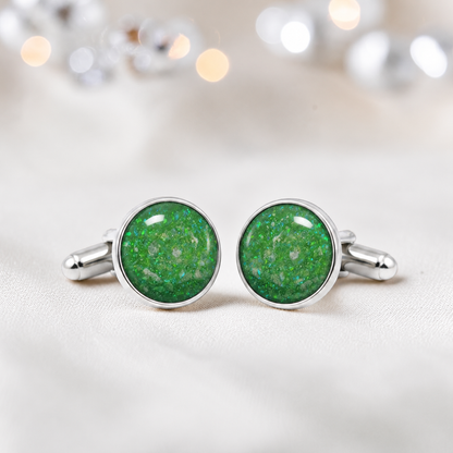 Fruit green silver Eterna memorial ashes cufflinks, handcrafted in Lancashire UK