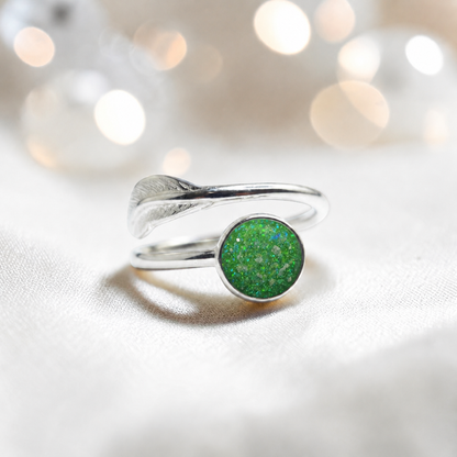 Feather Whisper Ring — silver feather ashes memorial ring, in fruit green, handcrafted in Lancashire, UK