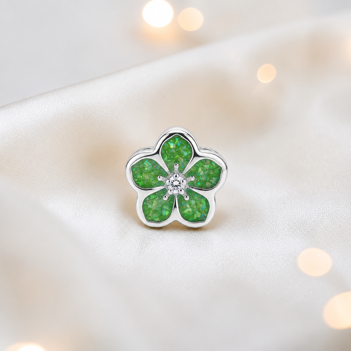 Fruit green sterling silver forget me not ashes memorial charm, handcrafted in Lancashire by keepsake memorial