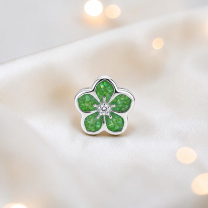Fruit green sterling silver forget me not ashes memorial charm, handcrafted in Lancashire by keepsake memorial
