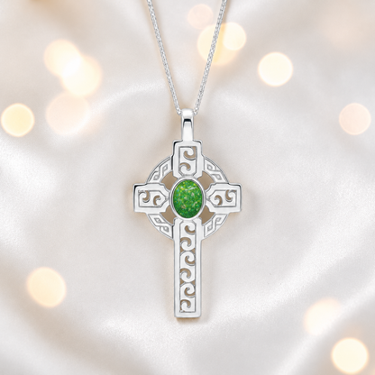 Fruit Green Anam sterling silver Celtic cross memorial pendant, 55mm, handcrafted in Lancashire UK by Keepsake Memorial Jewellery