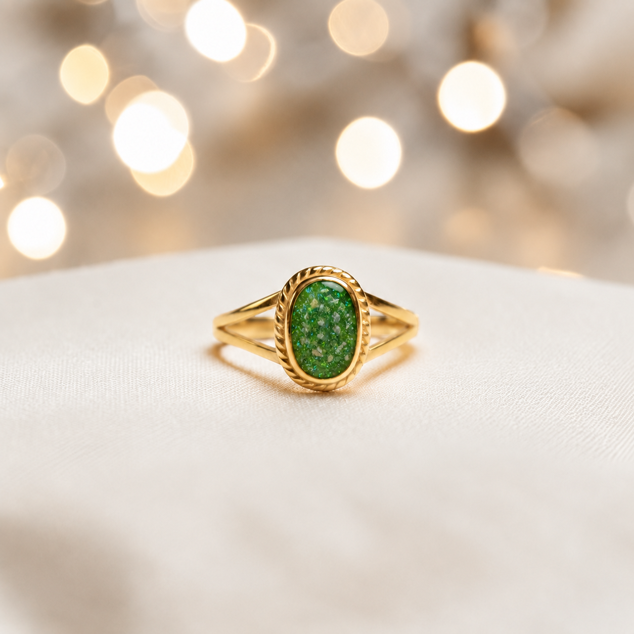 Fruit Green Ayla, 9ct gold oval memorial ring, handcrafted in Lancashire, UK – by Keepsake Memorial Jewellery
