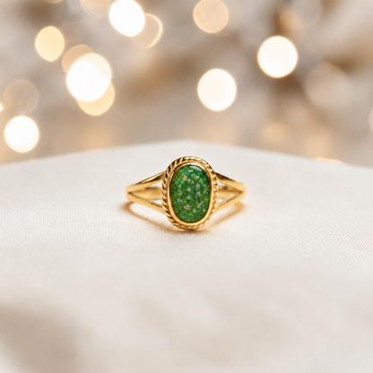 Fruit Green Ayla, 9ct gold oval memorial ring, handcrafted in Lancashire, UK – by Keepsake Memorial Jewellery